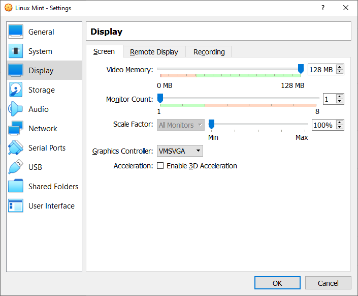 Video memory settings.